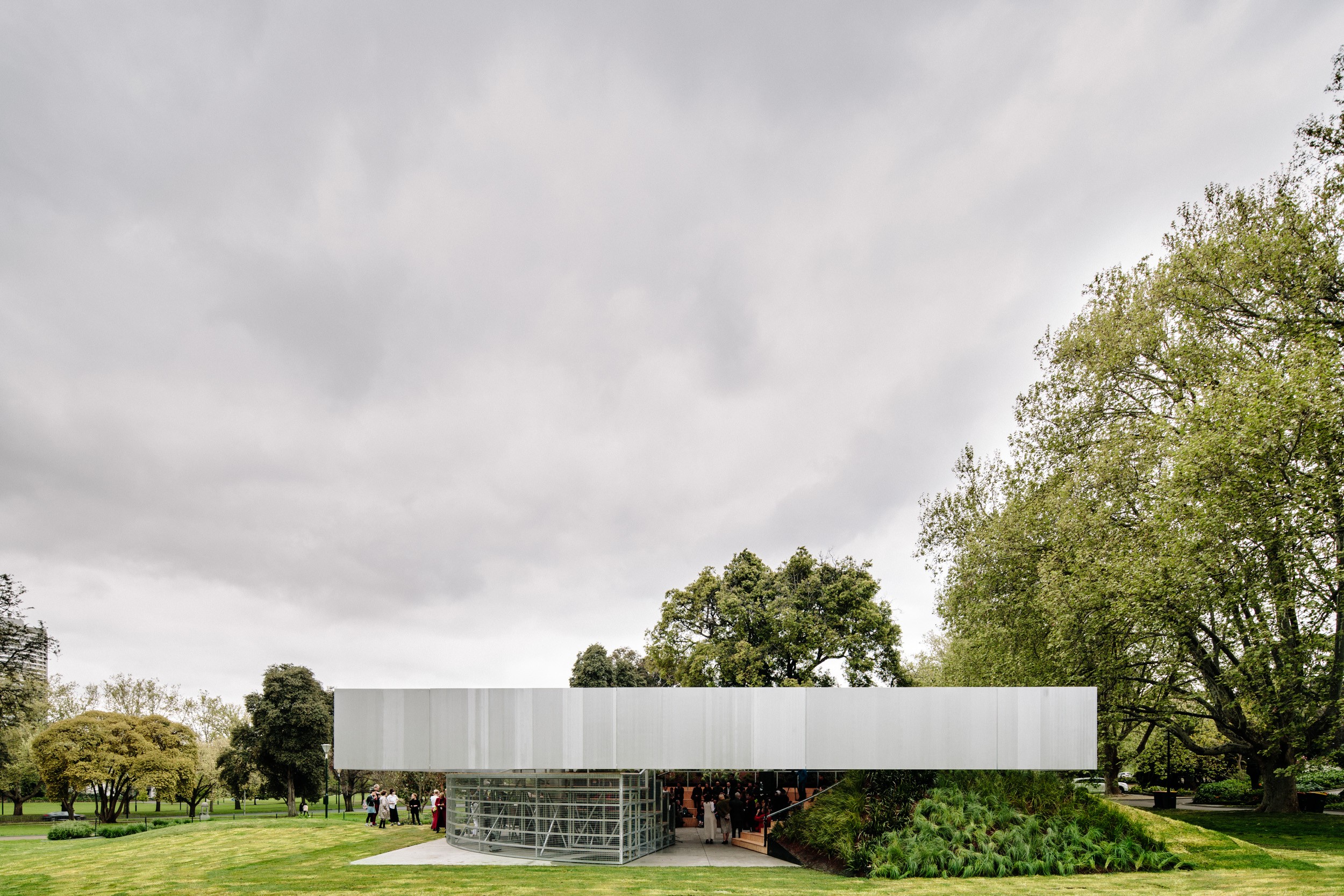Designed by Rem Koolhaas’ architecture firm OMA, the latest MPavilion is the fourth in a series erected in Melbourne’s Queen Victoria Gardens. Photo: Timothy Burgess
