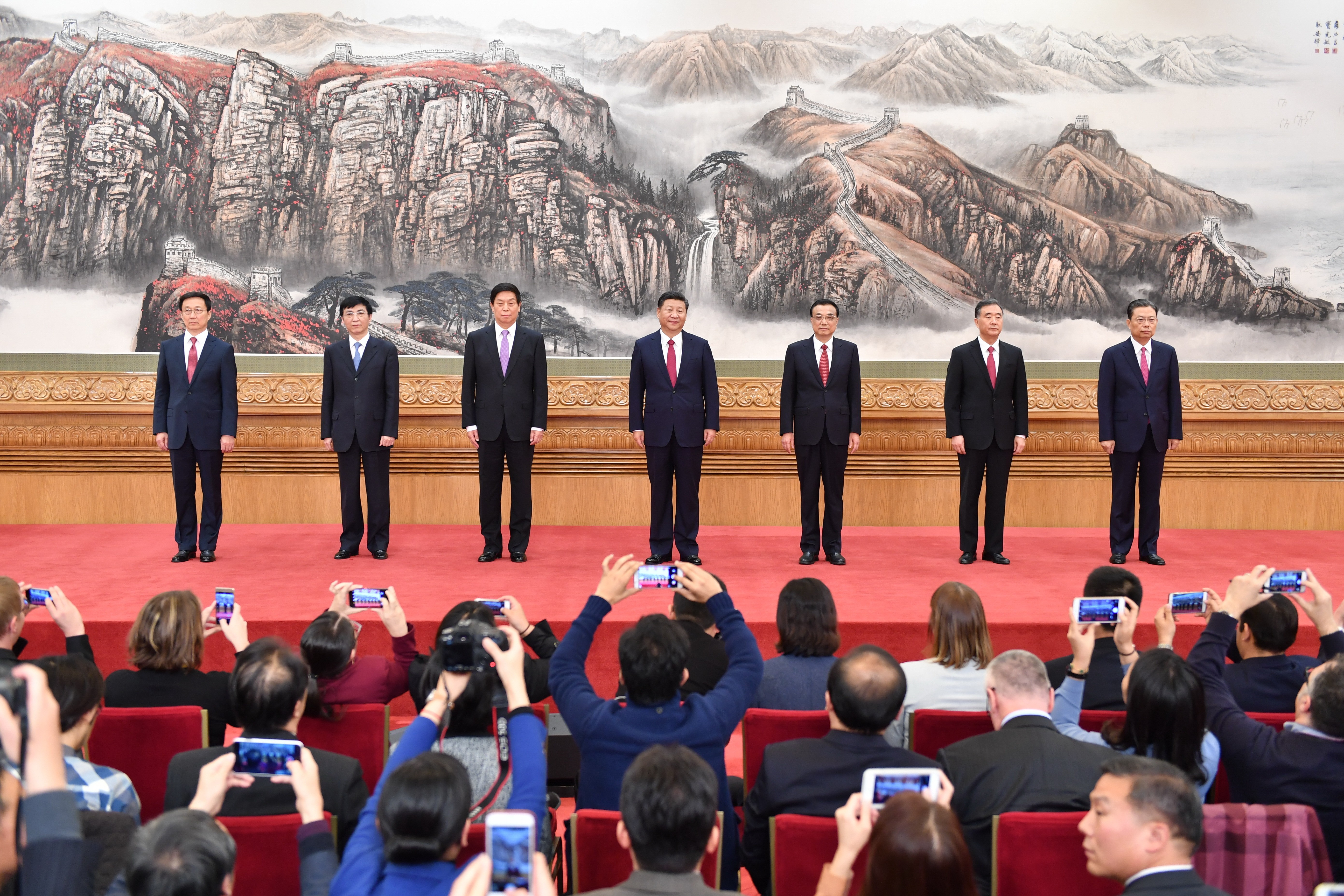 China's new Politburo Standing Committee members in the Great Hall of the People in Beijing. Photo: Xinhua