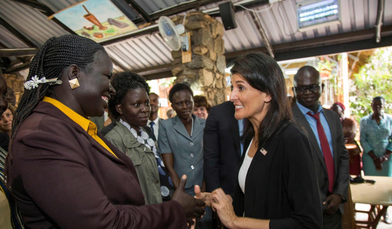 The US Ambassador to the United Nations Nikki Haley (right) meets with staff members of the US embassy in Juba, South Sudan. Photo: AFP