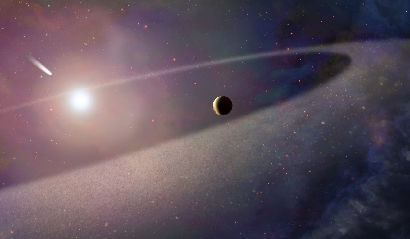 An undated handout photo made available by the European Space Agency shows an artist's impression of a massive, comet-like object falling towards a white dwarf. New observations with the NASA/ESA Hubble Space Telescope show evidence for a belt of comet-like bodies orbiting the white dwarf, similar to the Kuiper Belt in our own Solar System. The findings also suggest the presence of one or more unseen surviving planets around the white dwarf which may have perturbed the belt sufficiently to hurl icy objects into the burned-out star. Photo: EPA