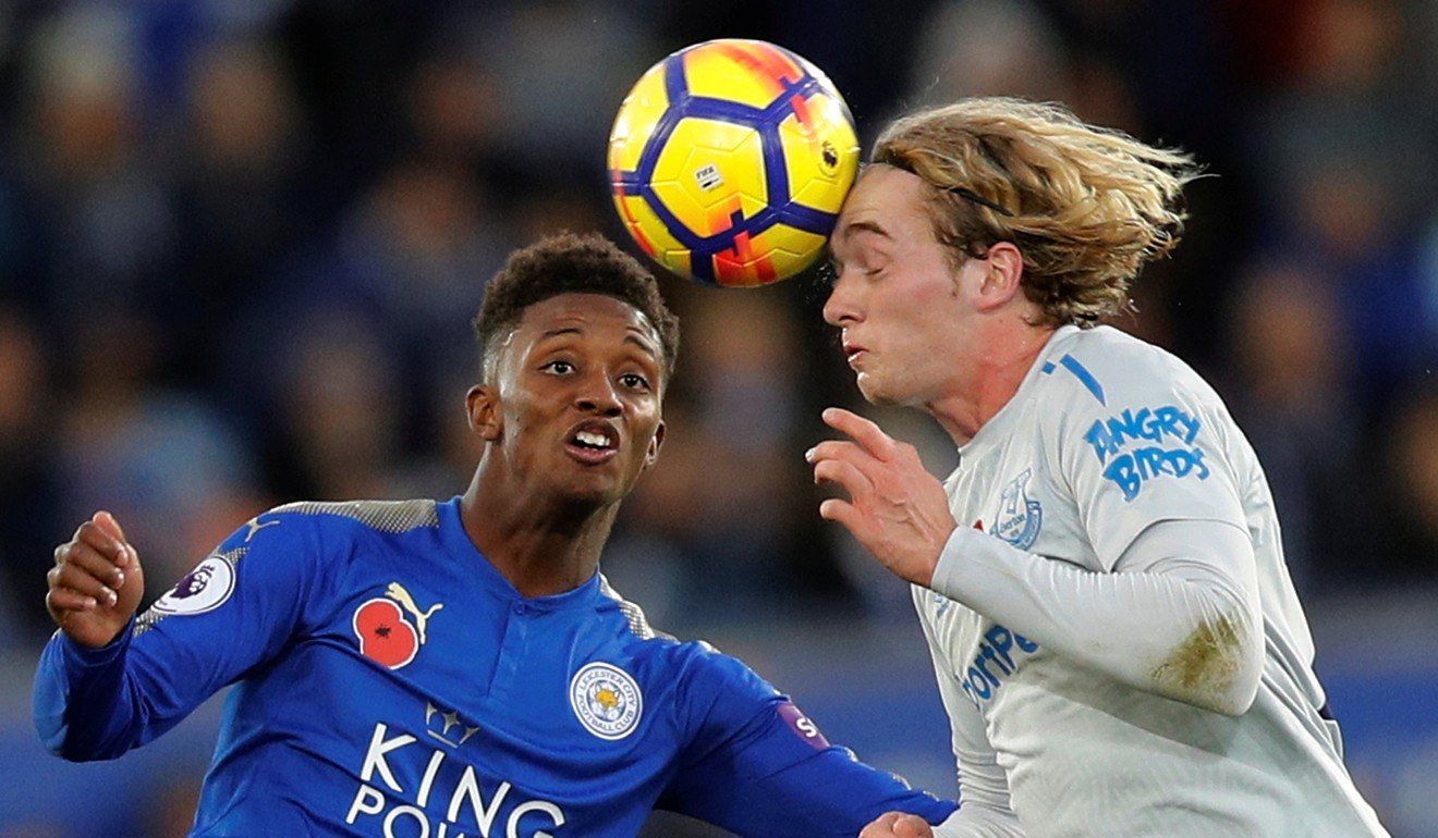 Leicester City’s Demarai Gray, who scored the second goal, competes with Everton’s Tom Davies. Photo: Reuters