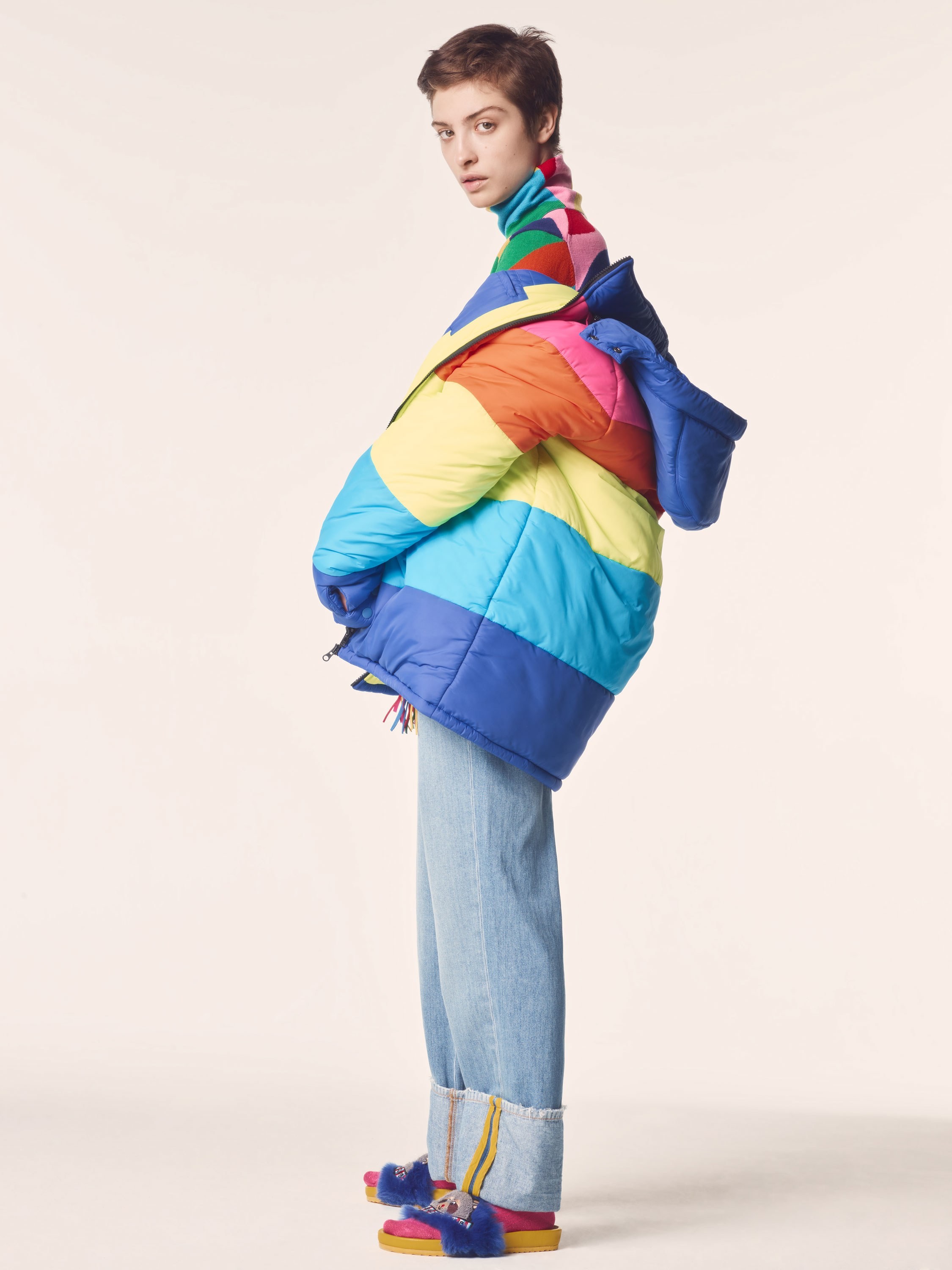 Nowhere rainbow puffer jacket by Mira Mikati (US$650).