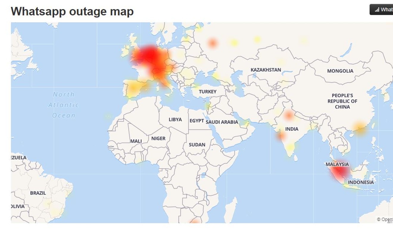 A map showing the spread of the countries affected by the WhatsApp outage. Source: Down Detector