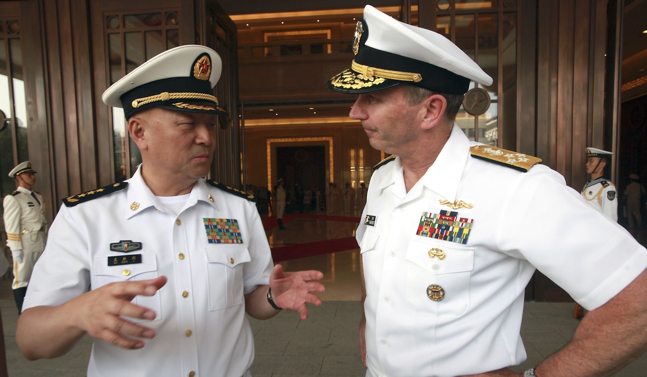 File photo of former US chief of naval operations Admiral Jonathan Greenert (right) with PLA Navy Commander in Chief Admiral Wu Shengli in Beijing in July, 2014. Photo: Reuters