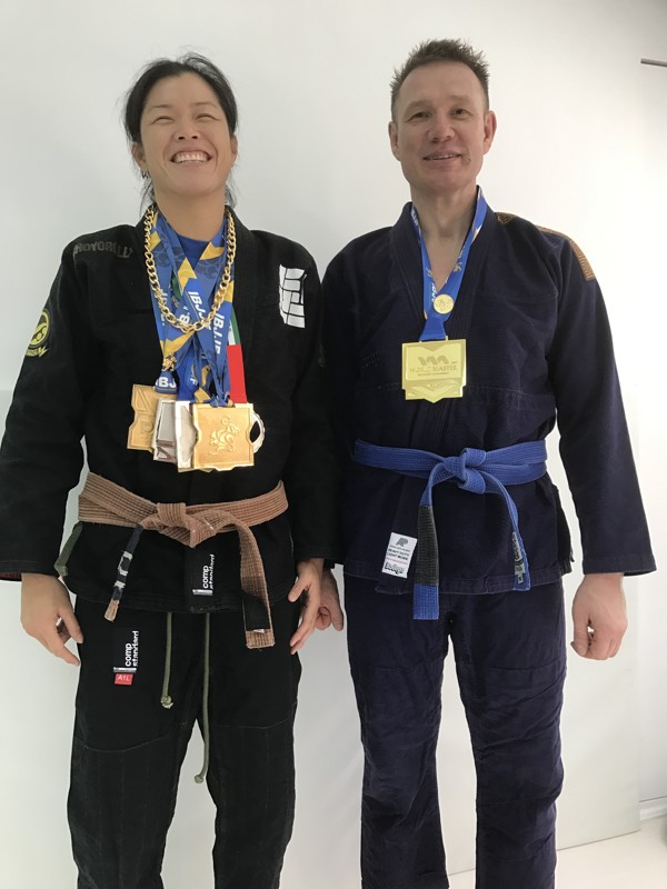 Ho and fellow former Epic member Oleg Vasilyev show off their medals from the World Master Jiu-Jitsu IBJJF Championship in Las Vegas. Photo: Nicolas Atkin