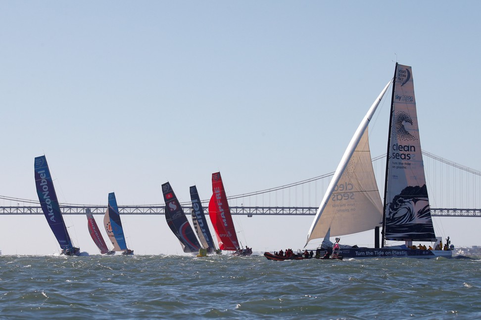 Volvo Ocean Race Dongfeng Race Team, Team Vestas 11th Hour Racing, Team Brunel, team Sun Hung Kai/Scallywag, team AkzoNobel, Team Mapfre and Team Turn the Tide on Plastic sail during the departure for the second leg in Lisbon. Photo: Reuters