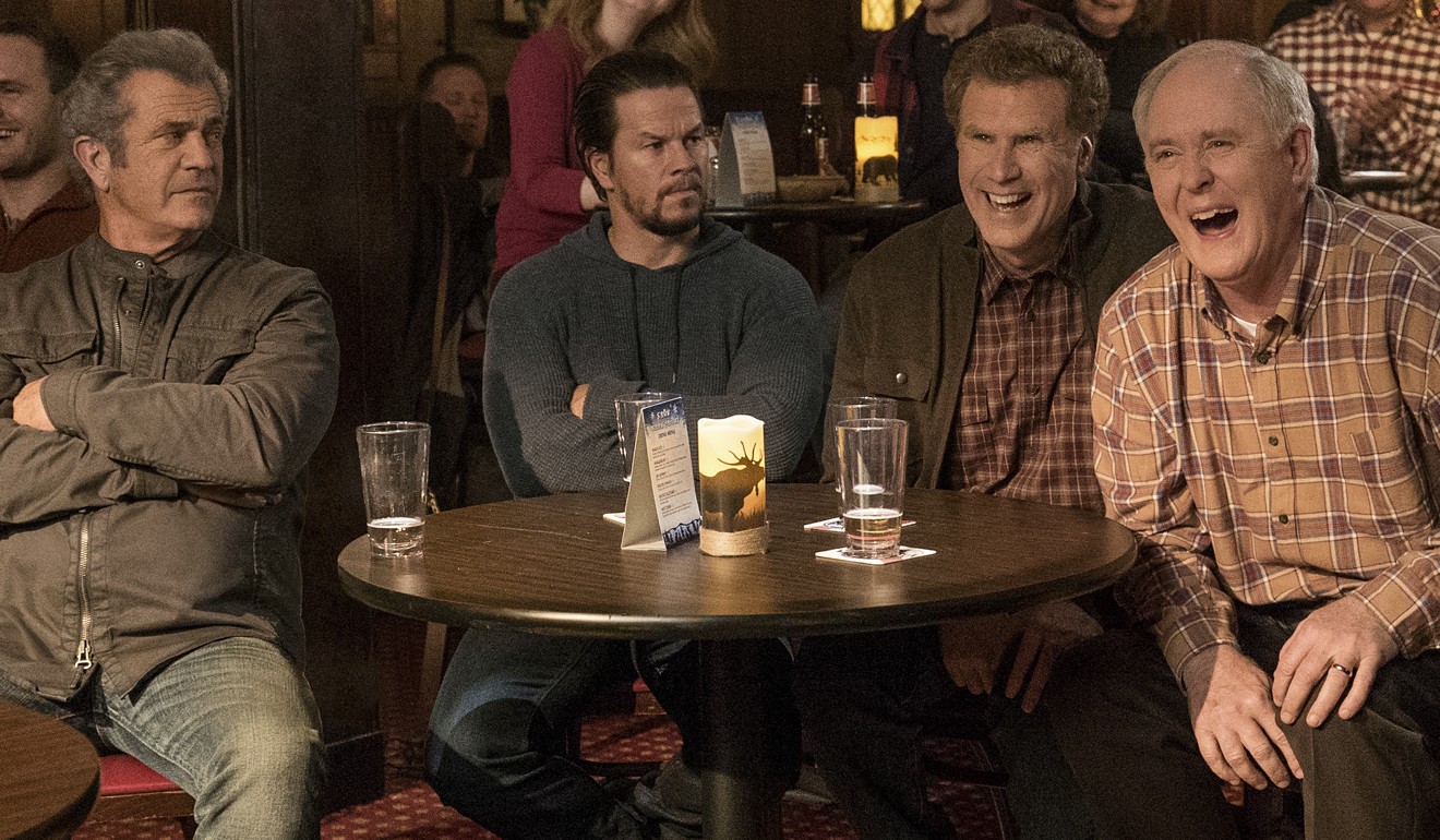 From left: Gibson, Mark Wahlberg, Ferrell and John Lithgow in a still from Daddy’s Home 2. Photo: AP