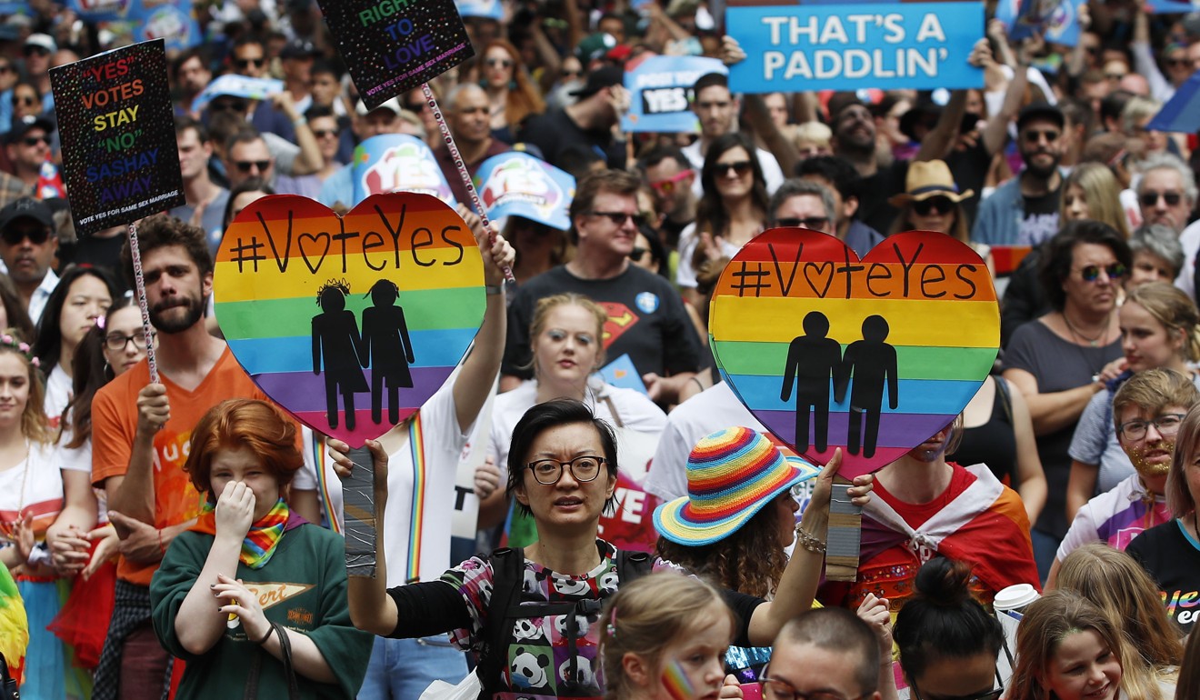 Supporters of gay marriage march near Victoria Park in Sydney. Photo: AP