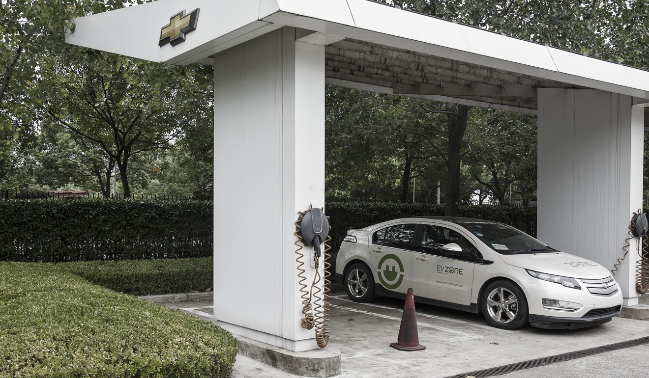A GM Chevrolet Volt electric vehicle parked at a charging station at the General Motors China headquarters in Shanghai. Photo: Bloomberg
