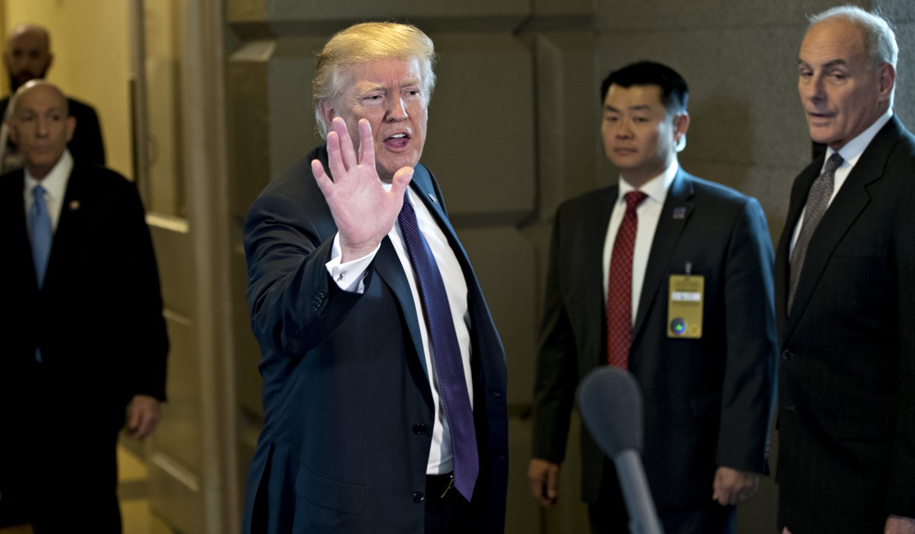 US President Donald Trump speaks to members of the media after a Republican Party conference meeting on tax reform in Washington. Photo: Bloomberg