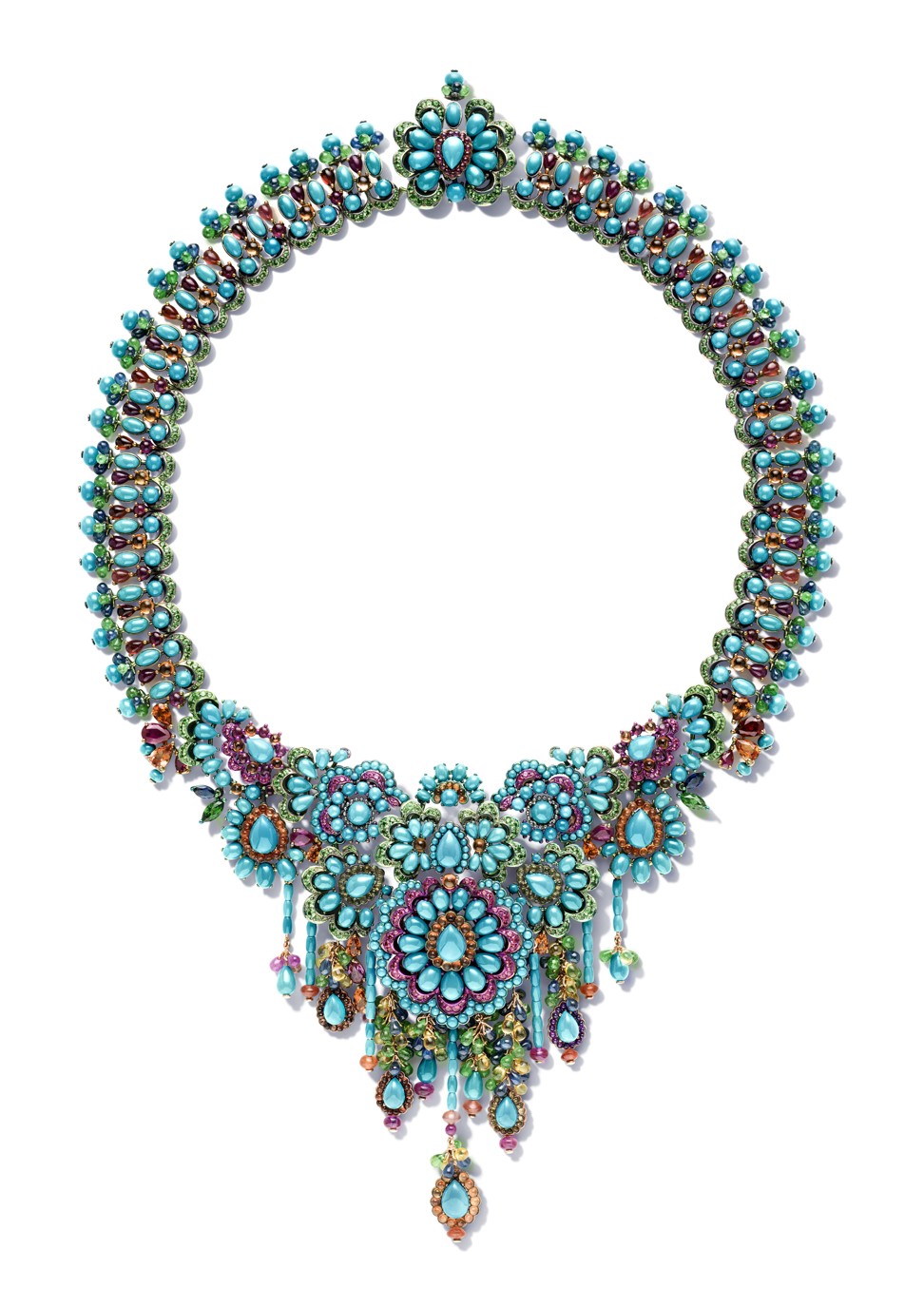 A ‘Rihanna Loves Chopard’ necklace in 18 ct rose gold and titanium composed of rubies, blue, orange and yellow sapphires, spinels and tsavorites of various cuts.