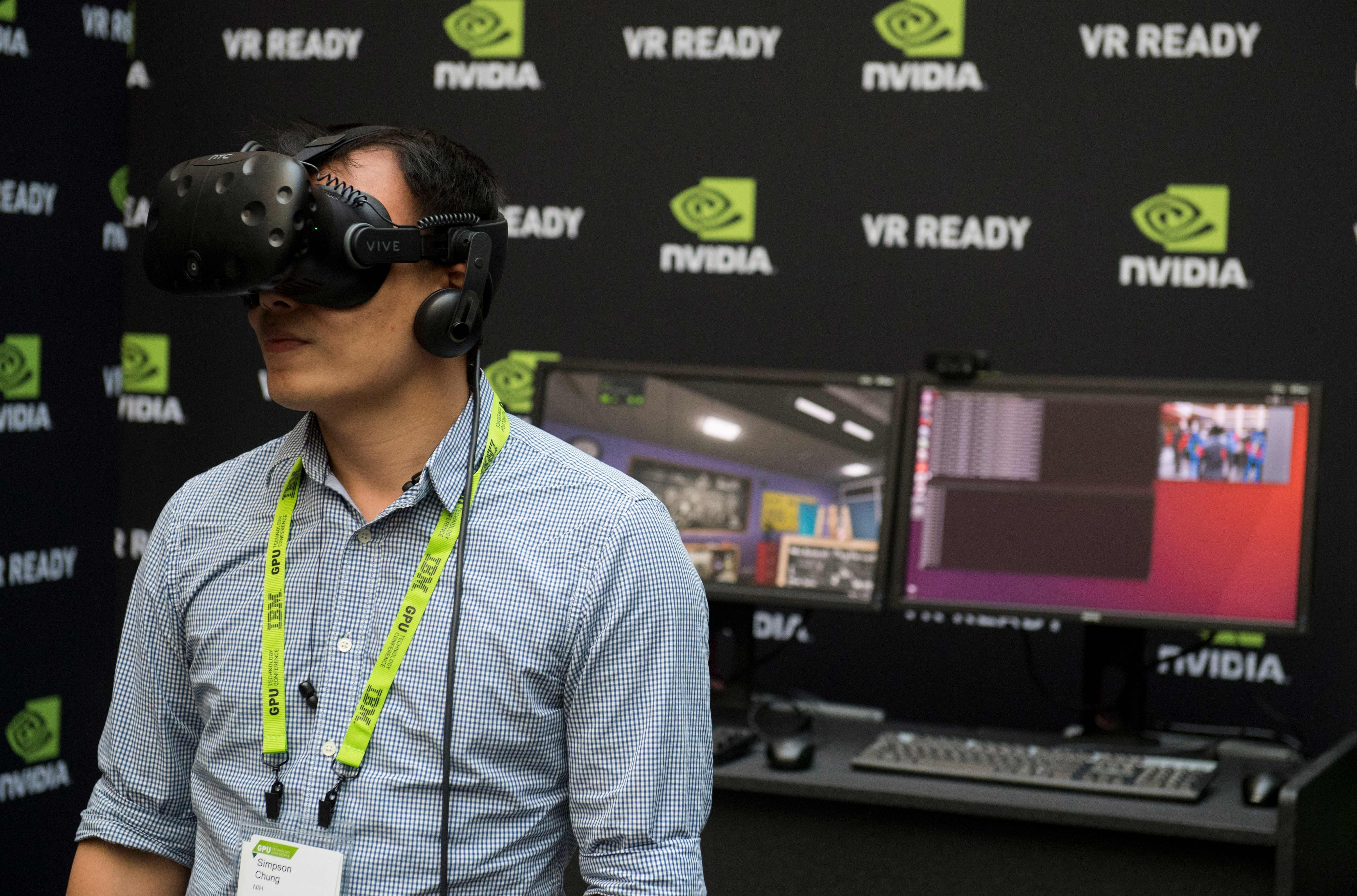 A virtual reality headset during the NVIDIA GPU Technology Conference, which showcased artificial intelligence, deep learning, virtual reality and autonomous machines in Washington last month. Photo: AFP