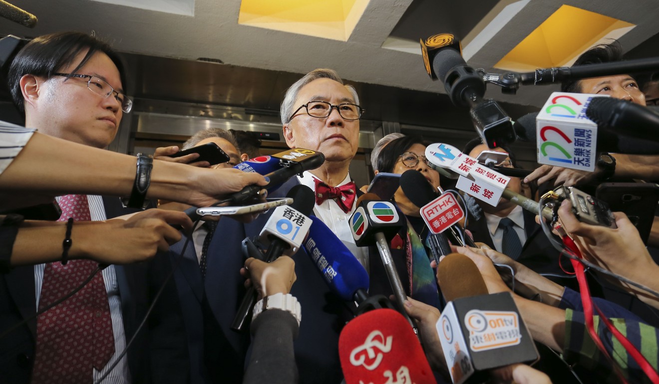 Former chief executive Donald Tsang Yam-kuen speaks to the press at the High Court in Admiralty after the judge dismissed the jury earlier this month. Photo: Dickson Lee
