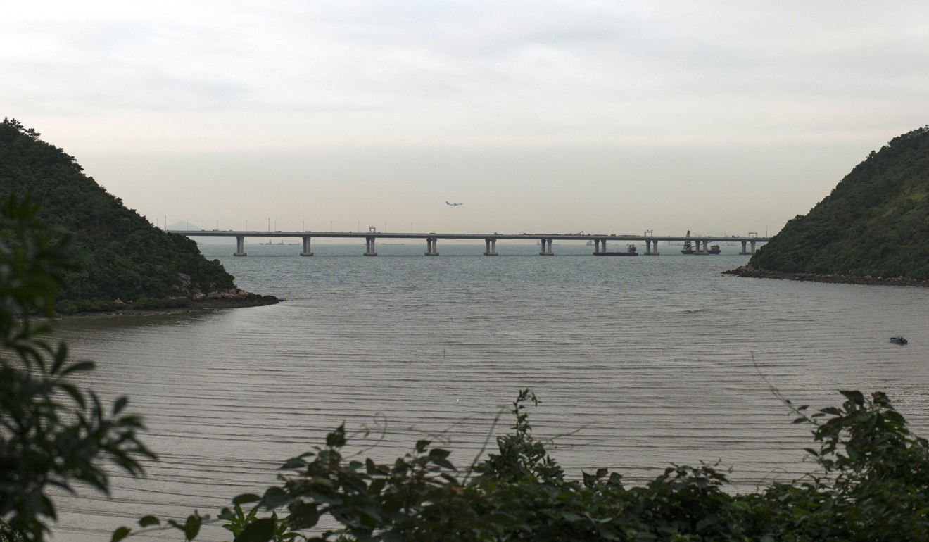 A section of the Hong Kong-Zhuhai-Macau bridge spans across the Pearl River Delta as seen from Lantau Island in Hong Kong, Photo