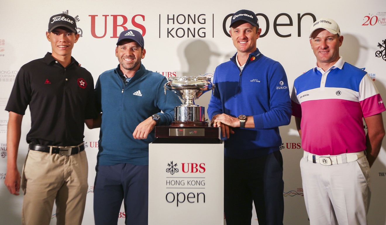 Hong Kong’s Matthew Cheung (left), Masters champion Sergio Garcia, Justin Rose and defending champion Sam Brazel at a press conference ahead of the Hong Kong Open. Photo: Xiaomei Chen