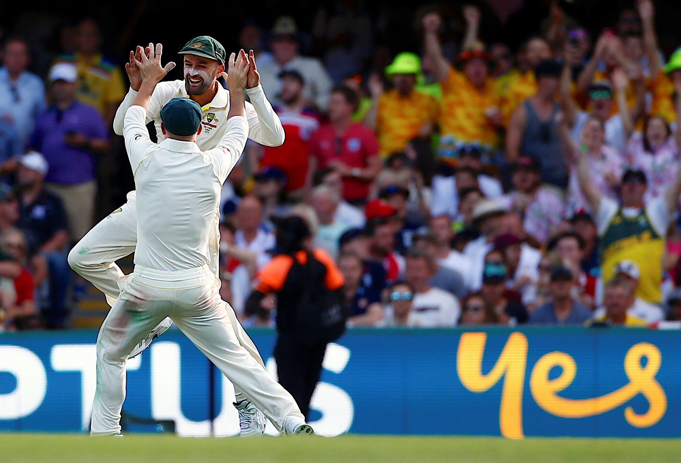 Nathan Lyon celebrates after running out James Vince. Photos: Reuters