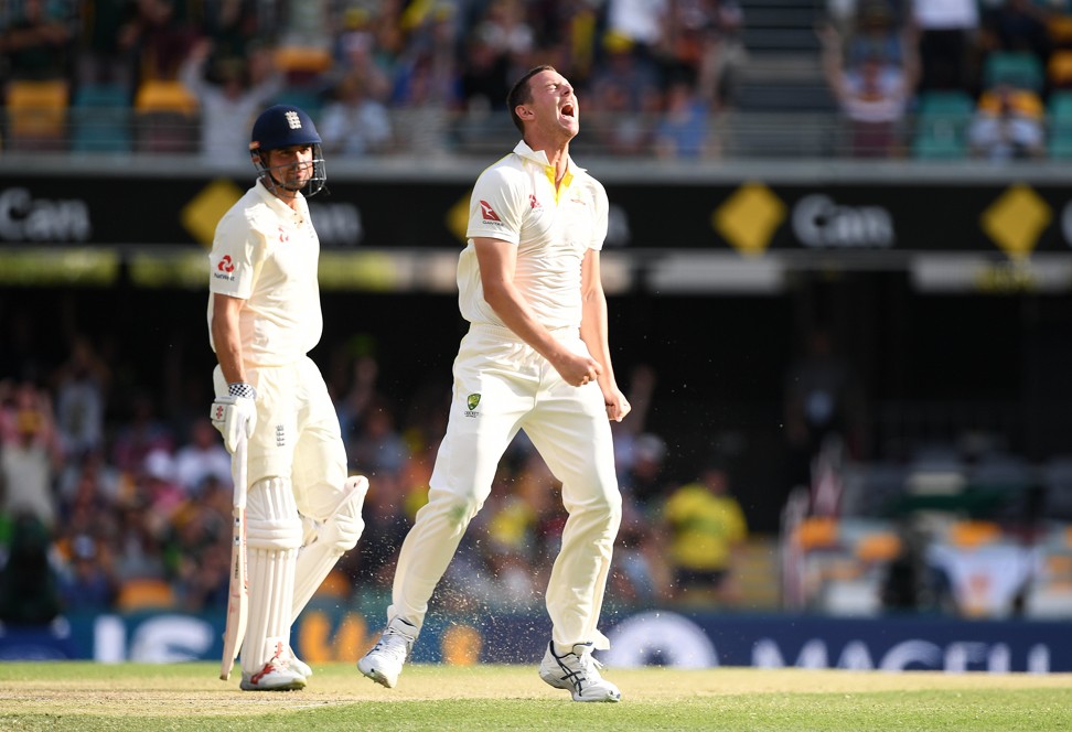 Australian bowler Josh Hazlewood dismisses England batsman Alastair Cook for seven runs. Photo: EPA