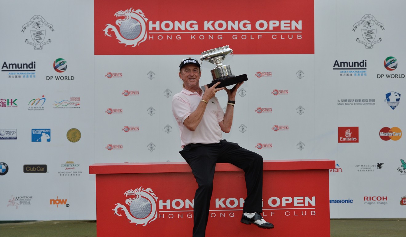Miguel Angel Jimenez celebrates his victory in the 2013 Hong Kong Open.