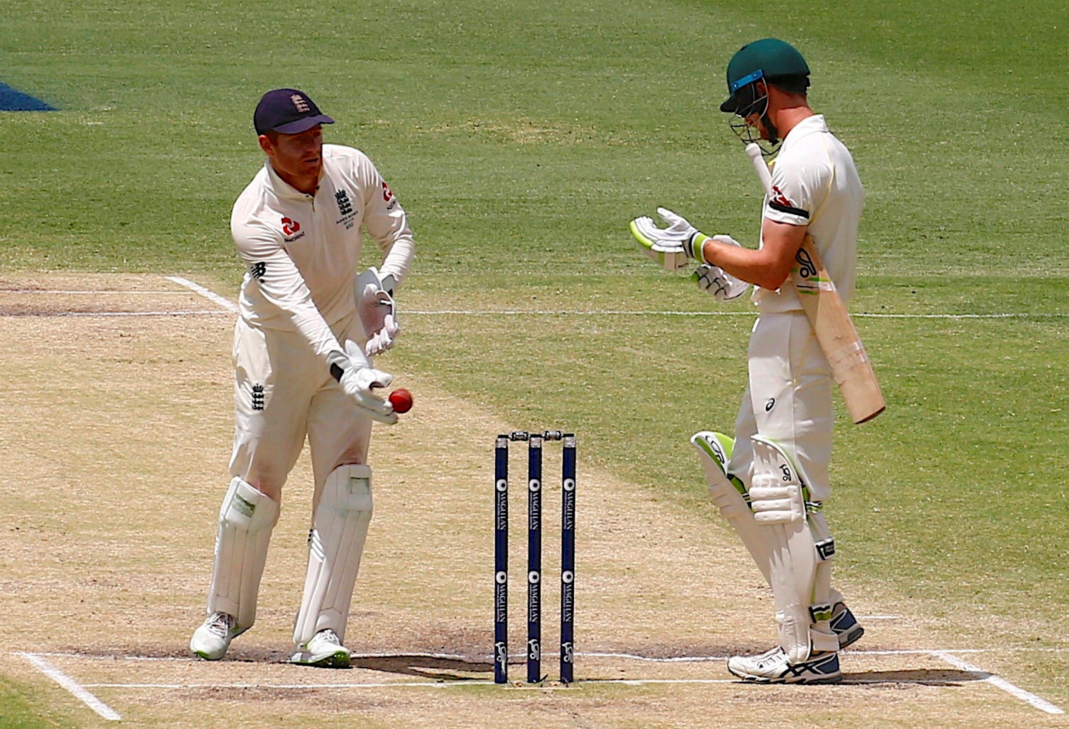 England wicketkeeper Jonny Bairstow comes face-to-face with Australia’s Cameron Bancroft who he is alleged to have headbutted a few weeks ago at a bar in Perth. Photo: Reuters