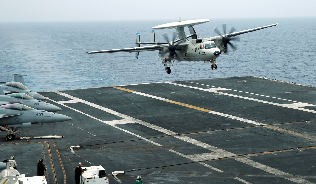 An E-2D Hawkeye plane approaches the US aircraft carrier John C. Stennis during a joint military exercise between the US, Japan and India off the island of Okinawa in June 2016. The US, Japan and India, along with Australia, have discussed the possibility of forming “the Quad” of democratic powers counterbalancing China in the Asia-Pacific. Photo: Reuters