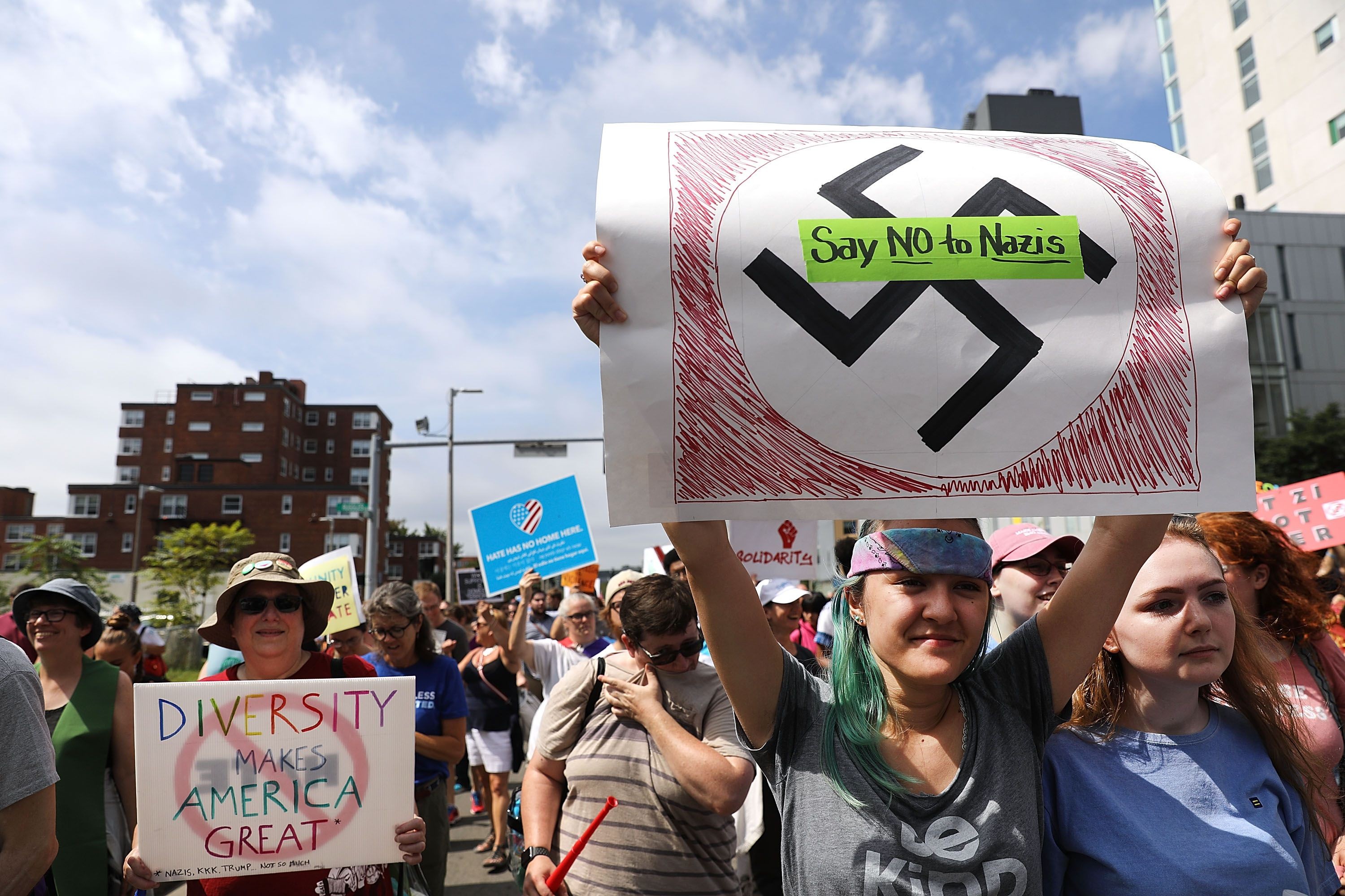 Thousands of protesters march in Boston in August against a planned “Free Speech Rally” one week after the violent “Unite the Right” rally in Virginia left one woman dead and dozens more injured. Photo: AFP