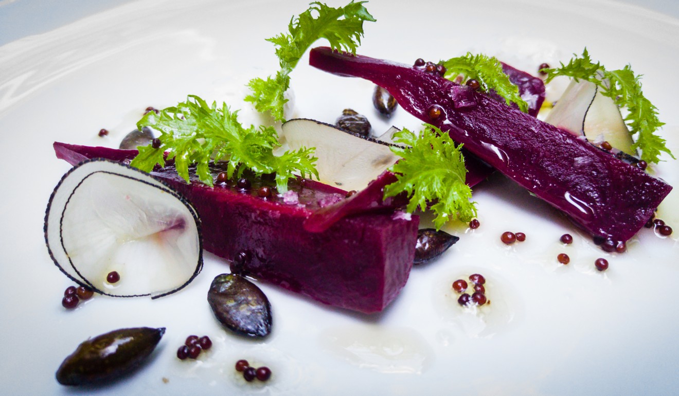 Crapaudine beetroot with pickled black radish, horseradish chantilly and wasabi leaves from Arcane.