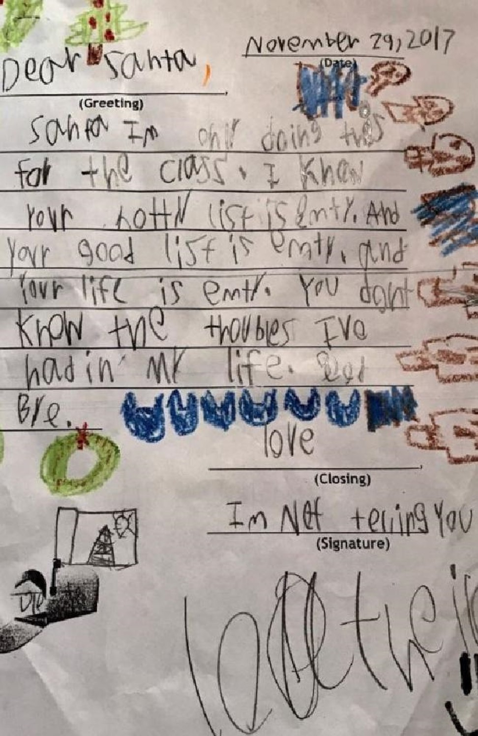 “You don't know the troubles I've had”. Sarah McCammon shared her son's cynical letter to Santa Claus. Photo: Twitter / Sarah McCammon