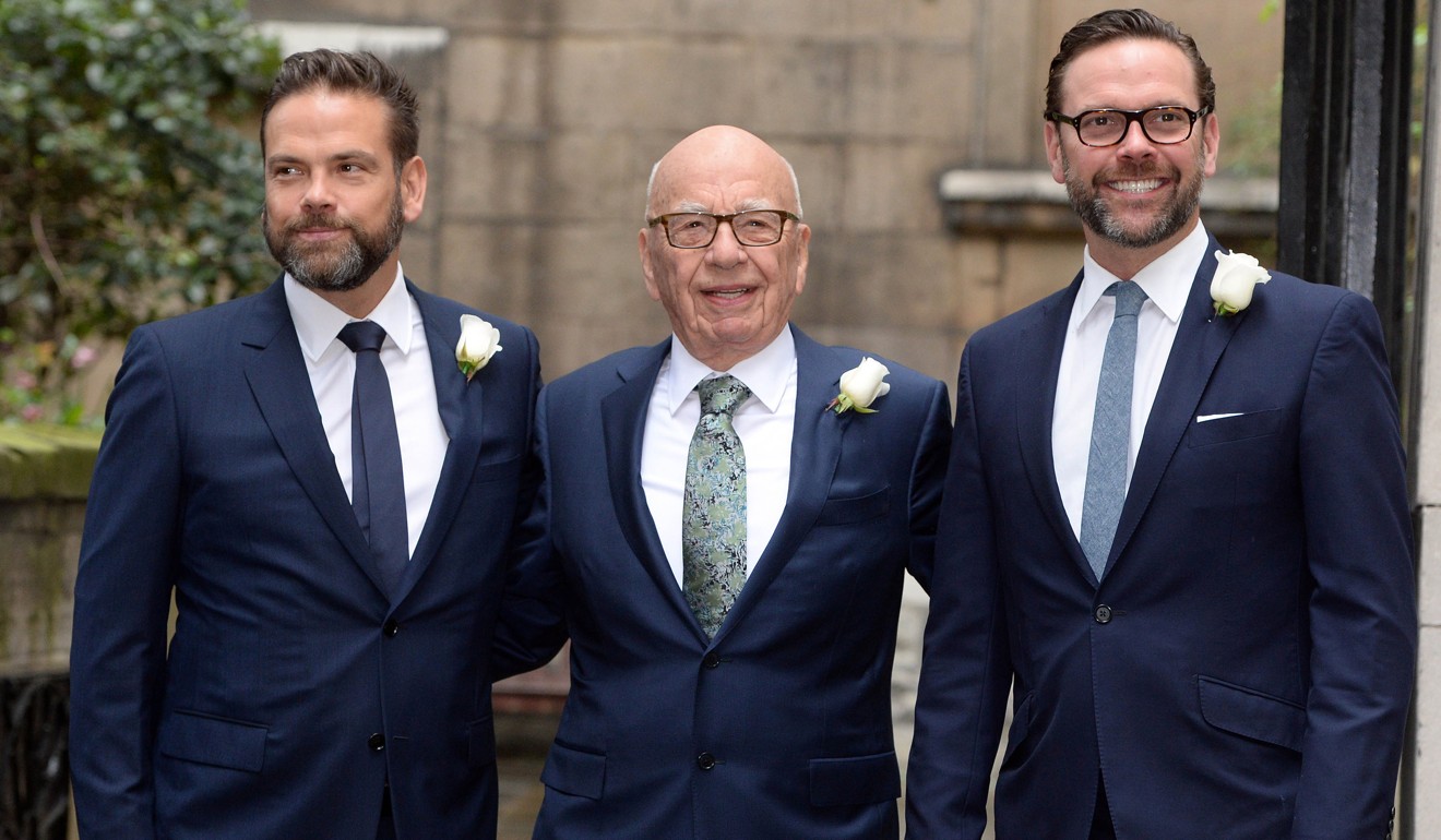 Rupert Murdoch in London with sons James, right, and Lachlan, on March 5, 2016. Photo: TNS