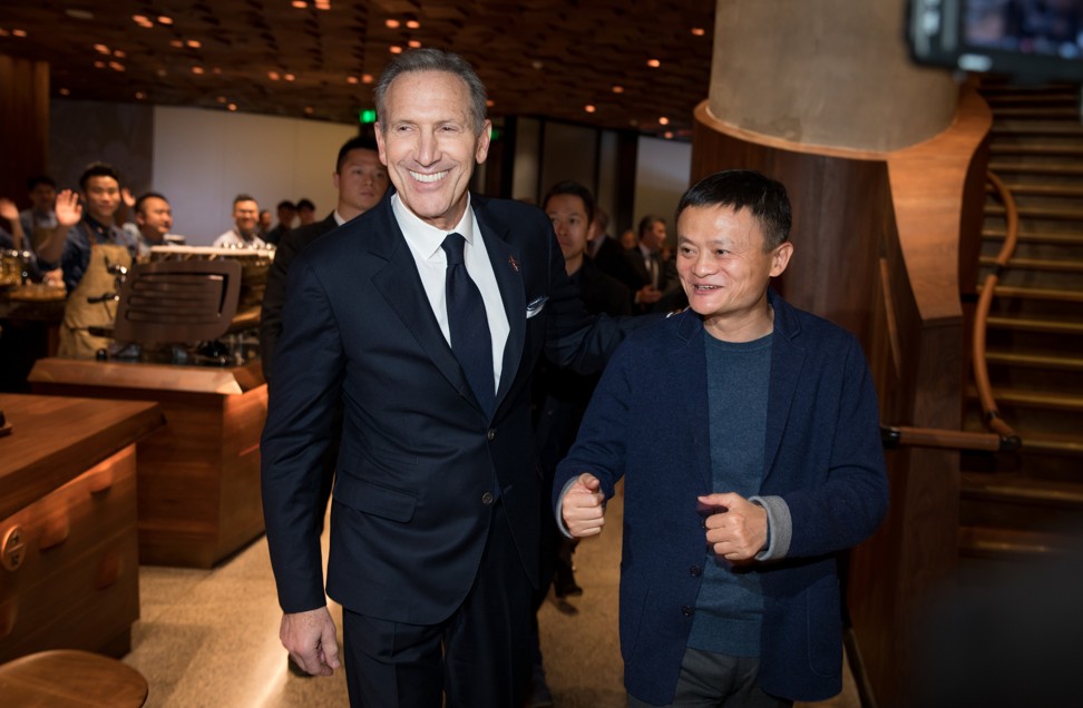 Starbucks Executive Chairman Howard Schultz and Alibaba Founder Jack Ma tour the Starbucks Roastery during a VIP opening celebration of the new Starbucks Roastery in Shanghai, China on Tuesday, December 5, 2017. Photo: Starbucks