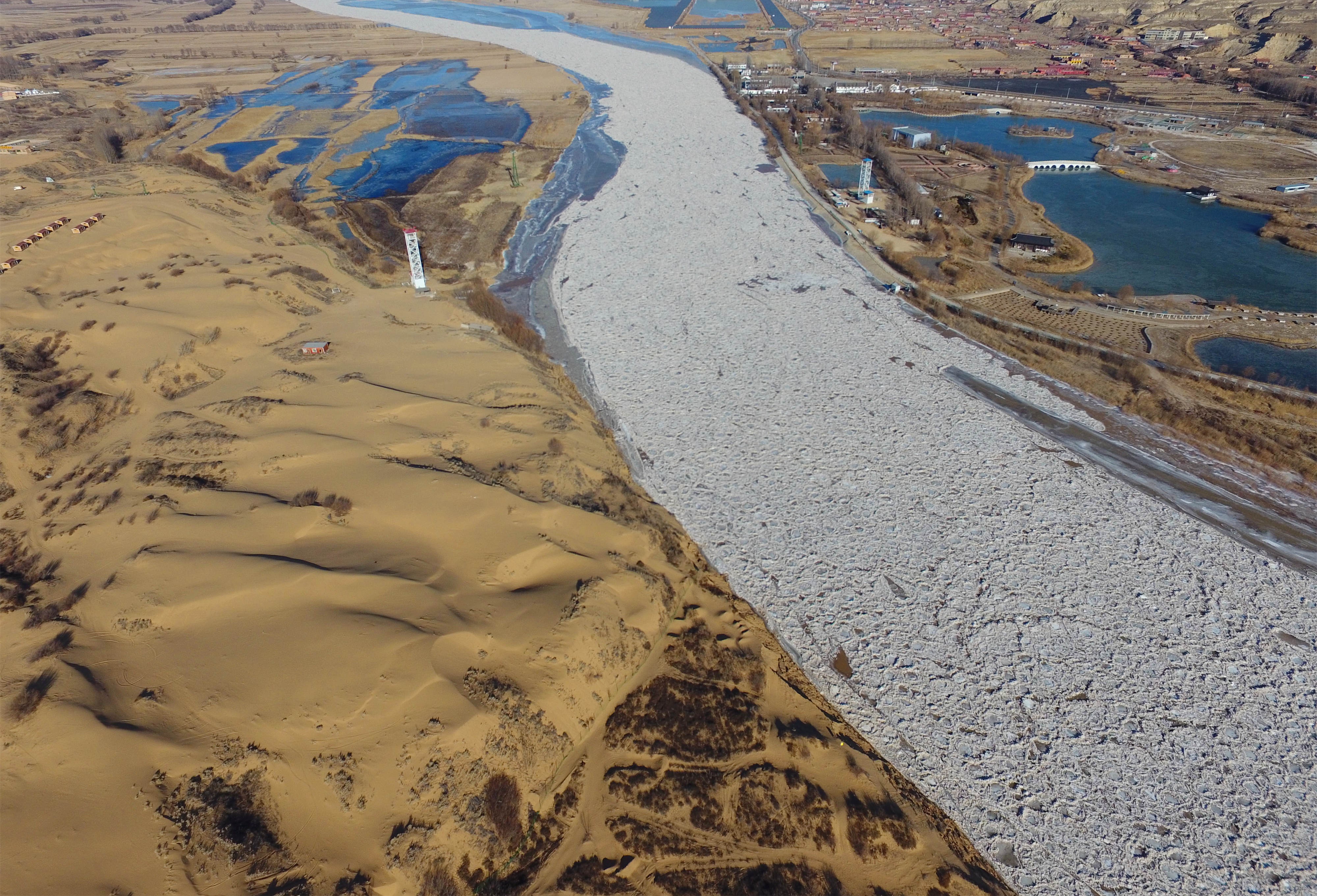 Frozen ice seen on a section of the Yellow River in Inner Mongolia. Photo: Xinhua
