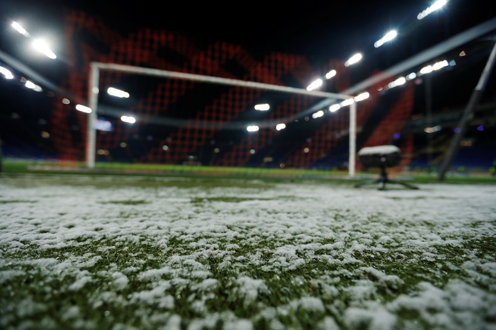 Snow lies on the ground of the Metalist Stadium in Kharkiv, Ukraine, ahead of Manchester City’s Uefa Champions League clash with Shakhtar Donetsk. The 2-1 loss brought the club’s record winning streak to an end ahead of the Manchester derby. Photo: Reuters