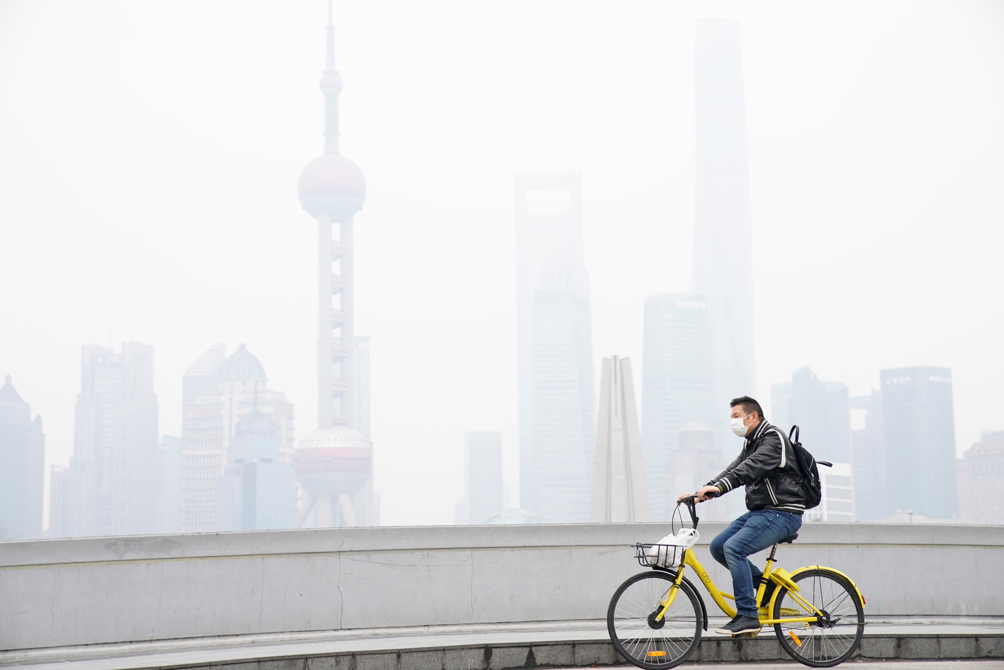 A man wearing a face mask cycles along a bridge in front of the financial district of Shanghai on November 22. Air pollution alone costs China about 6.5 per cent of its GDP. Photo: Reuters