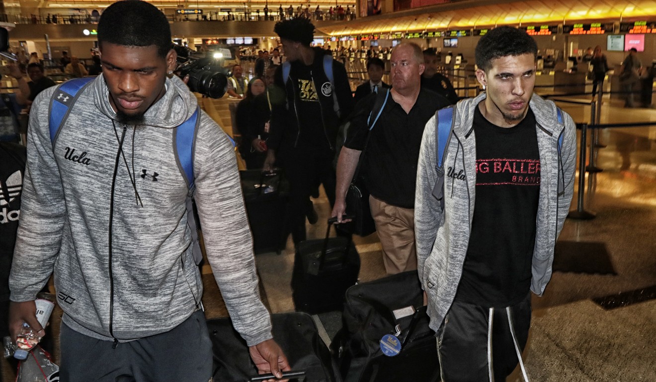 Cody Riley (left), Jalen Hill (centre back) and LiAngelo Ball return from Shanghai at Los Angeles International Airport after a shoplifting incident in China. Photo: TNS