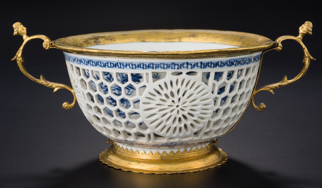 A bowl from the Kangxi period of the Qing dynasty (1662-1722). Ormolu or silver-gilt mounts were added in the Netherlands in the late 17th century. Photo: courtesy of the Asian Civilisations Museum, National Heritage Board, Singapore