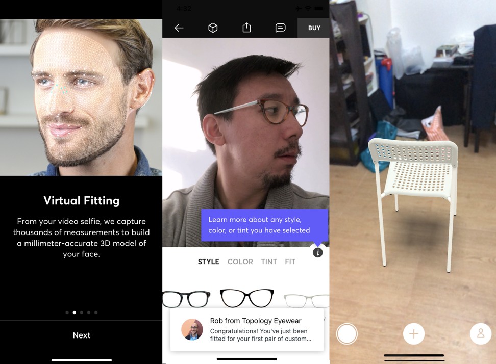 Screenshots of three iPhone X AR apps in action. The two on the left are of Topology Eyewear’s app, with Ikea’s app on the right.