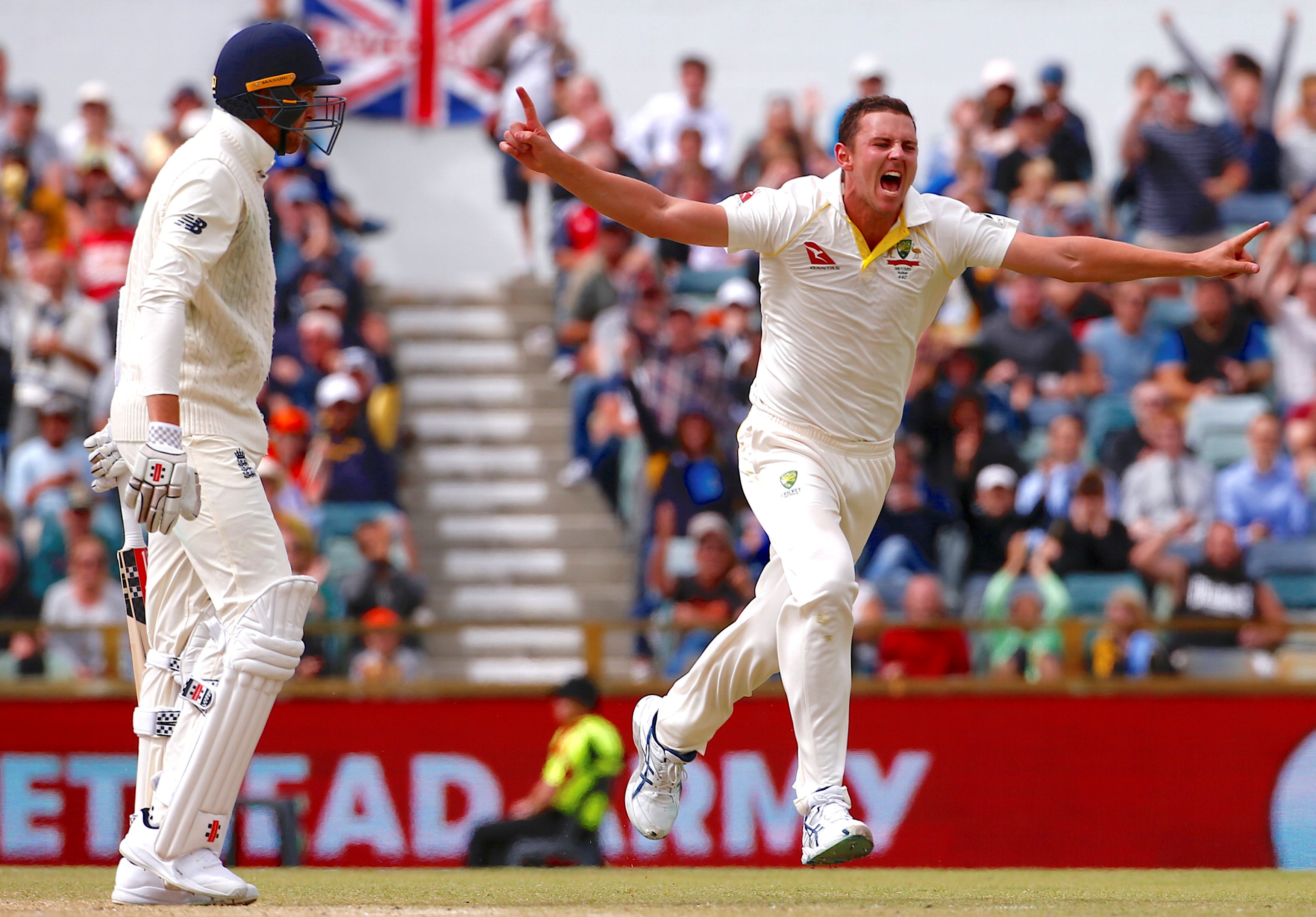 Australia's Josh Hazlewood celebrates taking the wicket of England's Craig Overton during the fifth day of the third Ashes test. Photo: Reuters