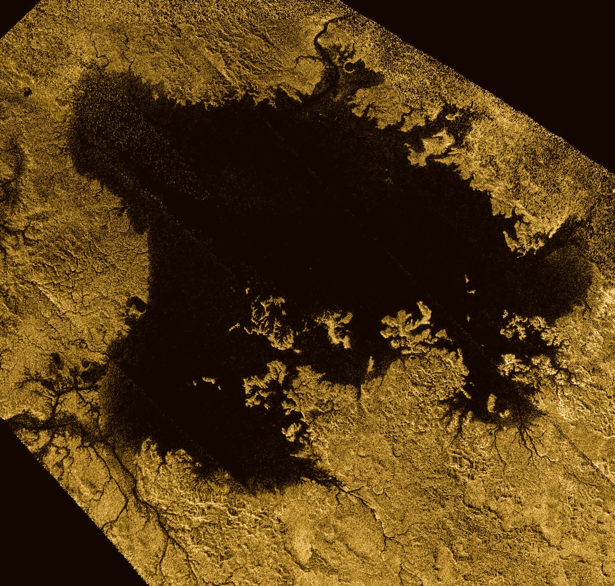 A false-color image of Titan's Ligeia Mare lake of methane. Photo: NASA/JPL-Caltech/ASI/Cornell