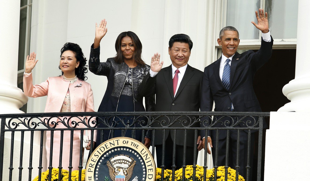 US president Barack Obama (right) with President Xi Jinping (second right) and their wives Michelle Obama and Peng Liyuan (left) at the White House in September 2015. Photo: AFP