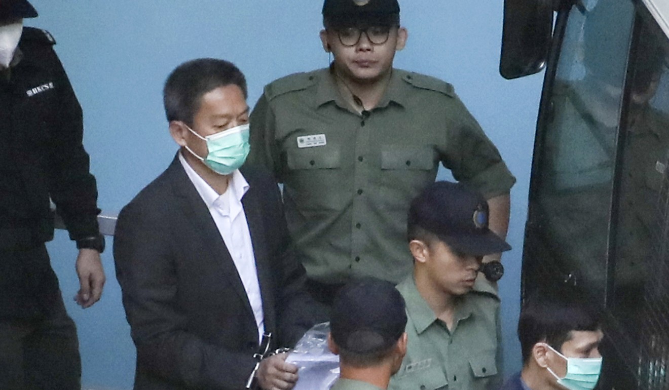 Retired police superintendent Frankly Chu King-wai is escorted by Correctional Services Department officers as he departs for court from the Lai Chi Kok Reception Centre. Photo: Edward Wong