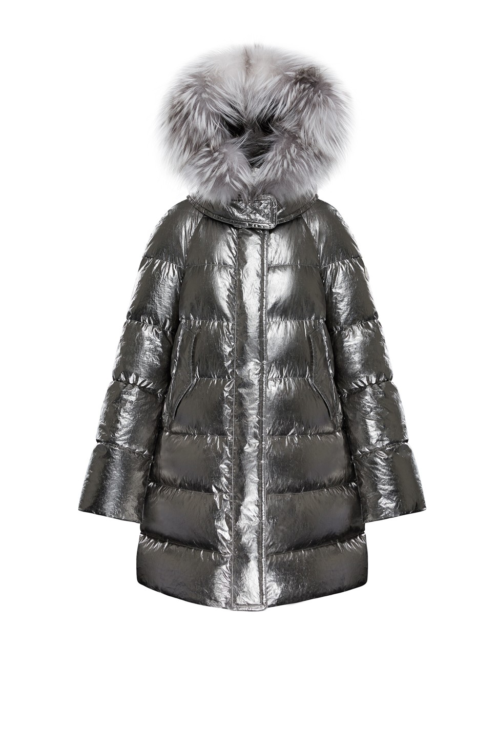 Moncler. The silver down parka, inspired by the moon landing in the 1970s and featuring a fluffy collar, is elegant and warm. Price on request.