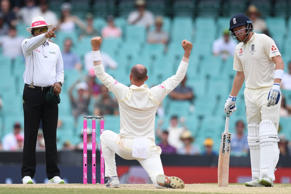 Australia’s Nathan Lyon (C) appeals and is granted the wicket of England’s Moeen Ali on day five of the fifth test. Photo: EPA