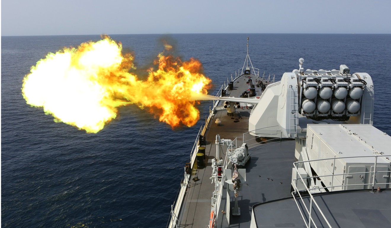 The Chinese guided-missile destroyer Harbin takes part in a counter-piracy exercise in the Gulf of Aden in August 2013. Photo: Xinhua