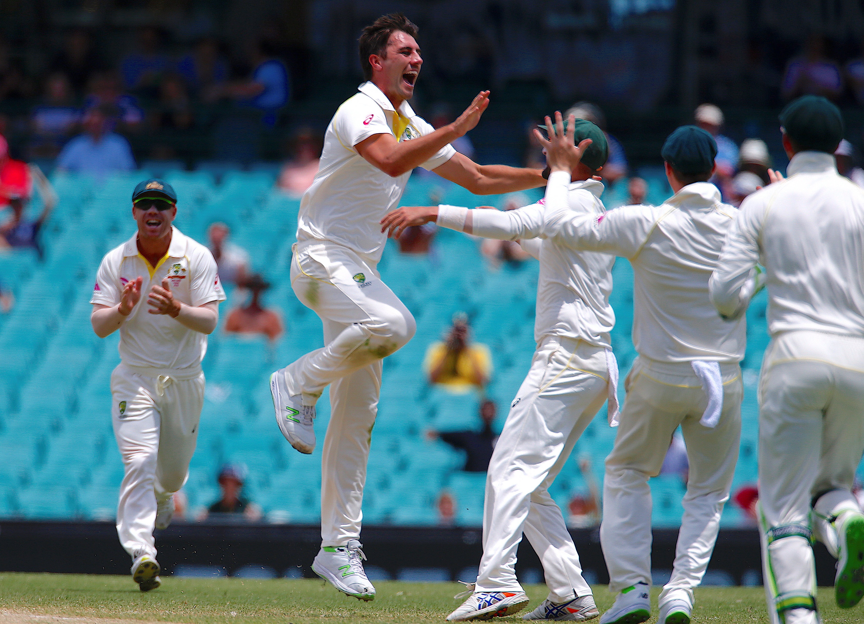 Australia’s Pat Cummins celebrates with teammates after dismissing England’s Jonny Bairstow during the fifth day of the fifth Ashes test match. Photo: Reuters