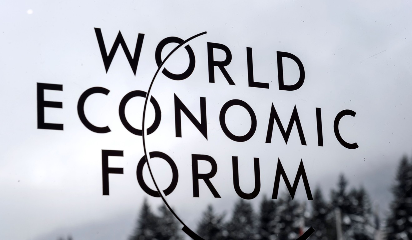 This file photo taken on January 23, 2015 shows the World Economic Forum (WEF) logo outside the Congress Centre in Davos during the World Economic Forum (WEF) annual meeting. Trump will be speaking at the forum in January 2018. Photo: AFP