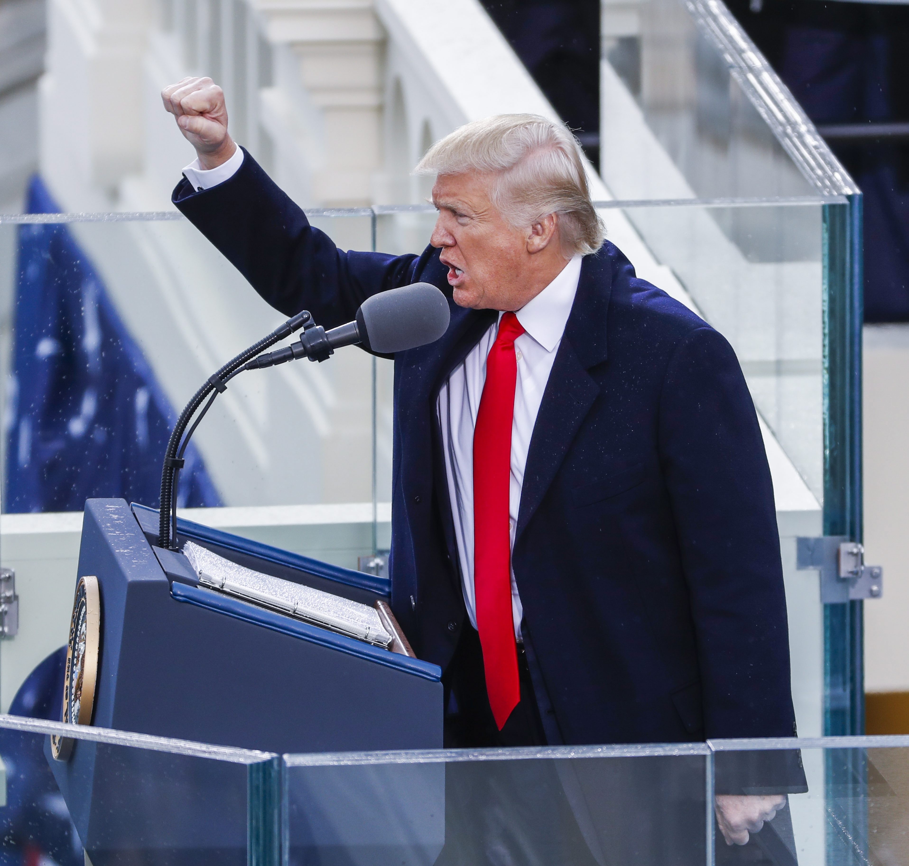 President Donald Trump delivers his inaugural address after taking the oath of office as the 45th president of the United States, on January 20 last year. Photo: EPA