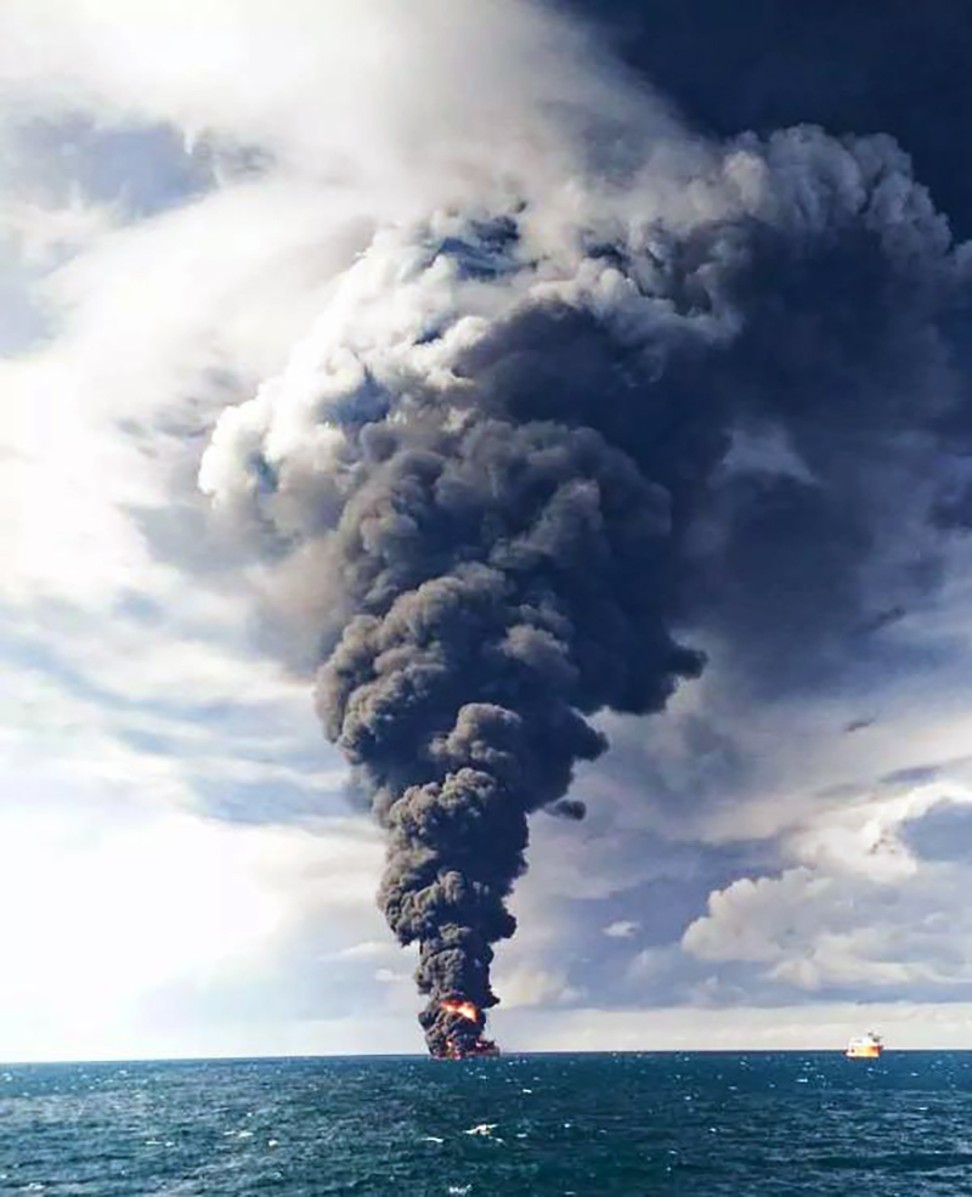 Smoke and flames leap from the Iranian oil tanker Sanchi in the East China Sea. Photo: China’s Ministry of Transport
