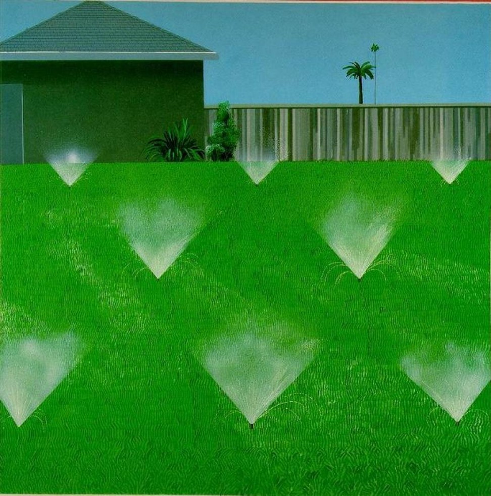 Lawn Being Sprinkled (1967) by Hockney. Caption: David Hockney