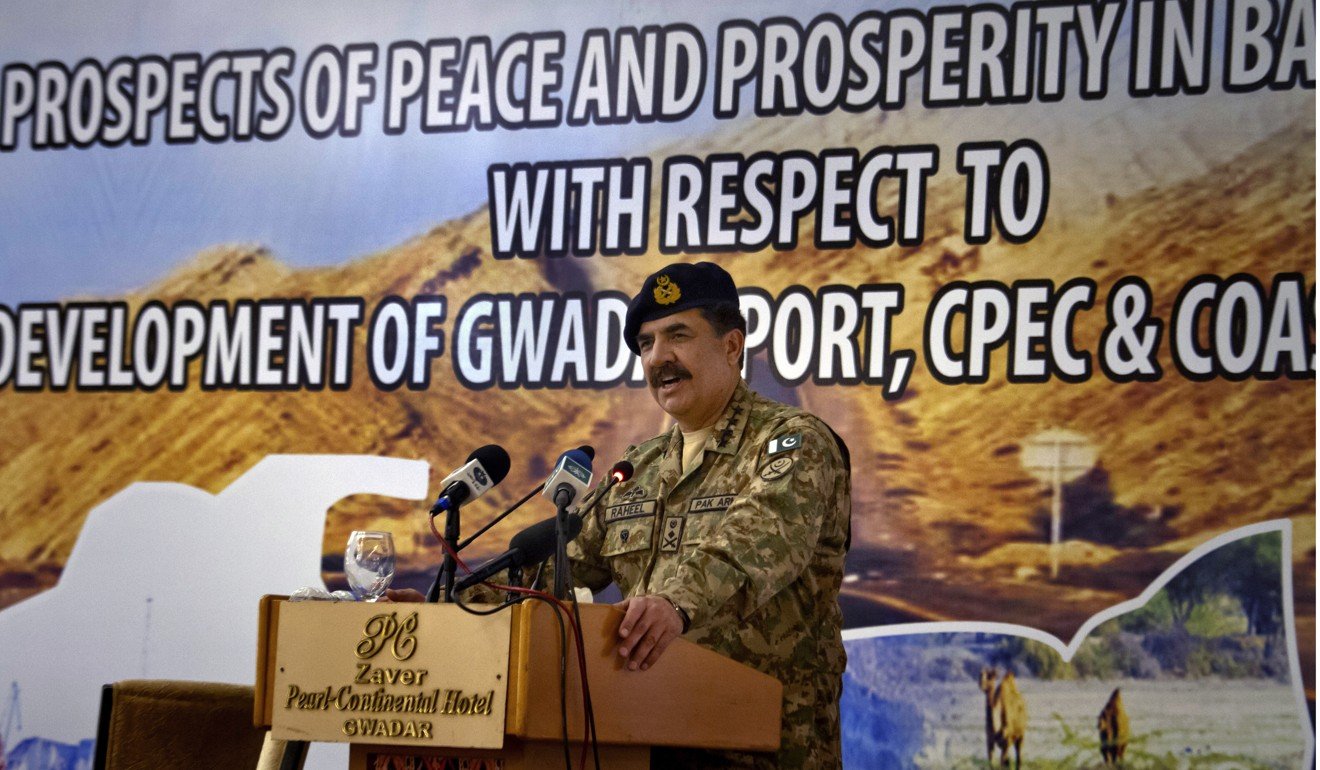 Pakistan’s former army chief, General Raheel Sharif, addresses the China-Pakistan Economic Corridor seminar in Gwadar, Pakistan, in April 2016. China recently expressed hope that the economic corridor could benefit the whole region and act as an impetus for development. Photo: AP