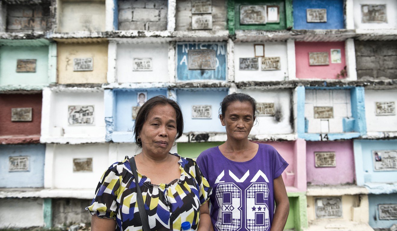 Loreta Vento (left) and Teresita Garces in the North Caloocan cemetery, in Manila, where both women have buried brothers, victims of Duterte’s war on drugs.