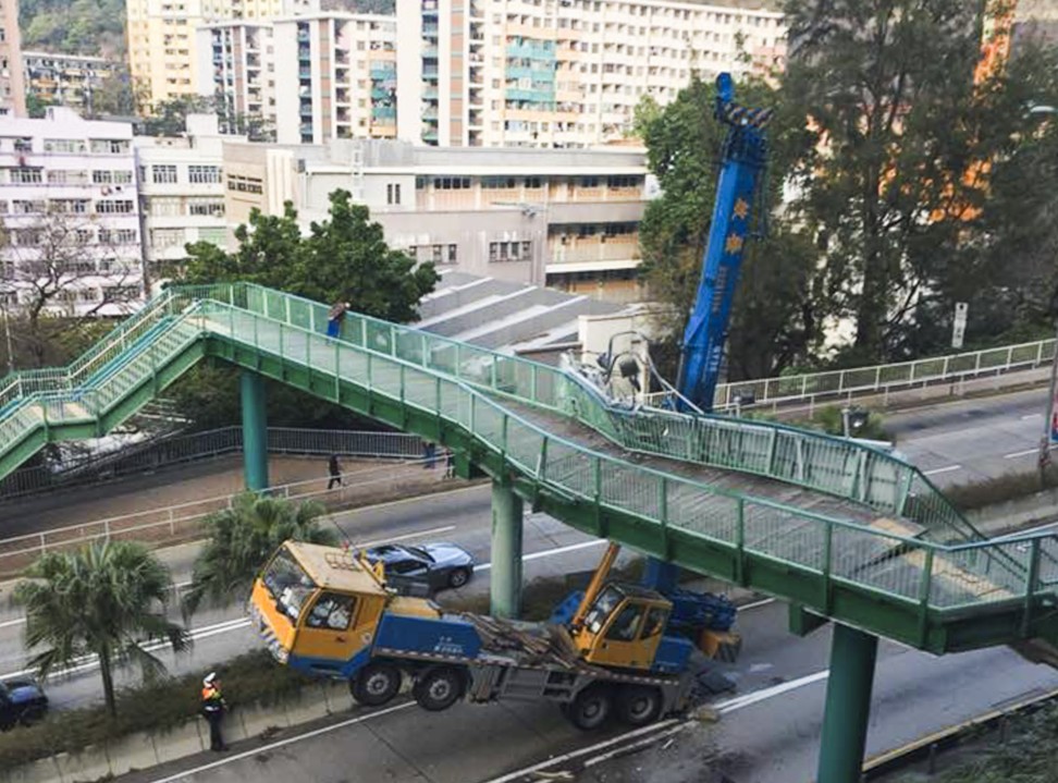 A truck derrick almost destroyed a bridge in Chai Wan. Photo: Facebook